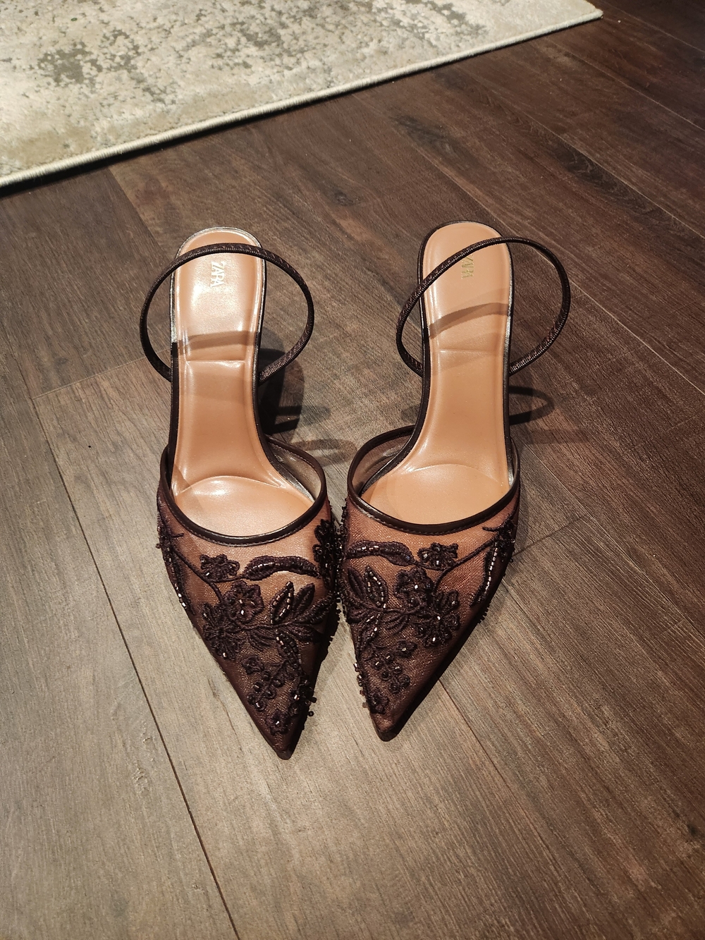 Zara Pointed Toe Ankle-Strap Heels in Dark Brown